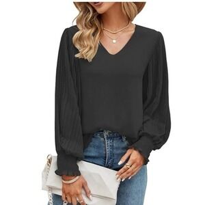 Aifer Women's Casual V Neck Chiffon Blouses Pleated Lantern Long Sleeve 2XL NWT‎